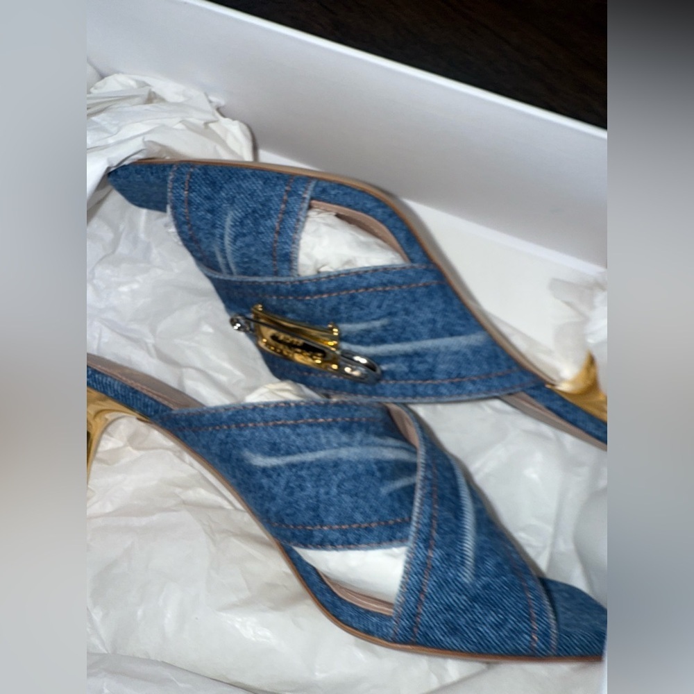 Balmain Safety Pin Blue Denim Heels with Gold Detail